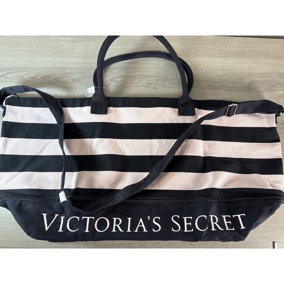 Victoria's Secret Handbags - Victoria's Secret Weekender Duffel Bag Pink Black Stripe Canvas Travel Tote New